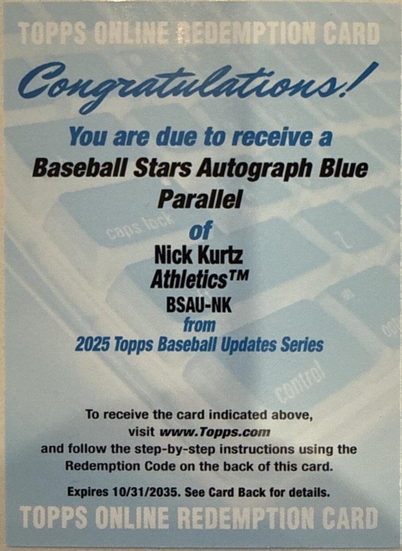 2025 Topps Update Stars Autograph Nick Kurtz [Blue] #BSAU-NK card