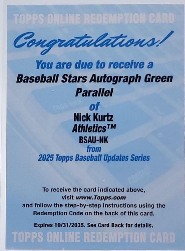 2025 Topps Update Stars Autograph Nick Kurtz [Green] #BSAU-NK card